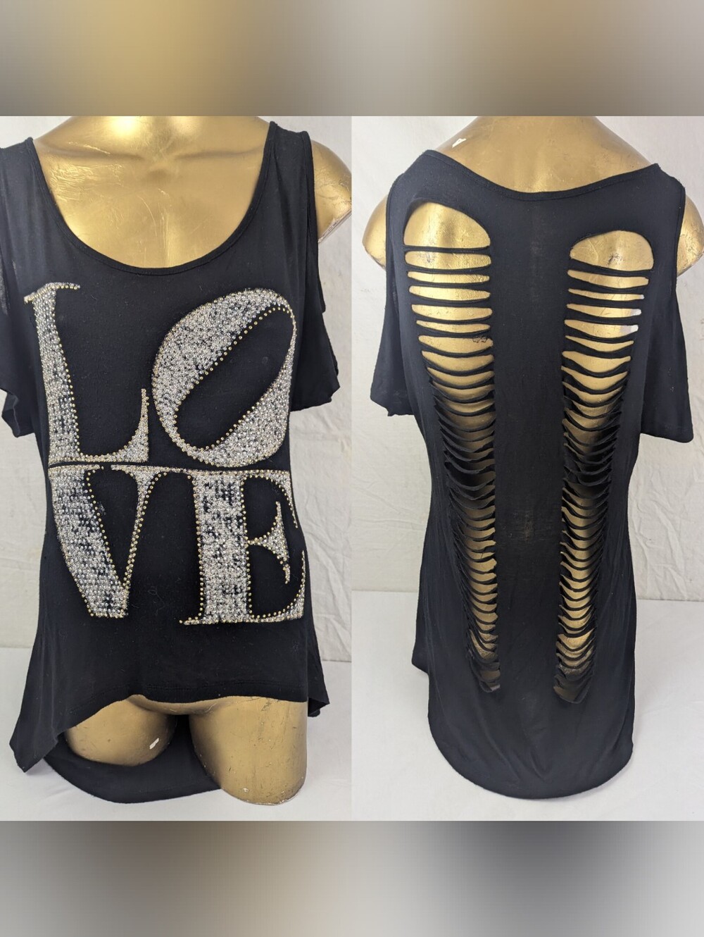 LOVE Rhinestone Accented Cold-Shoulder Cut Out Black Blouse Large